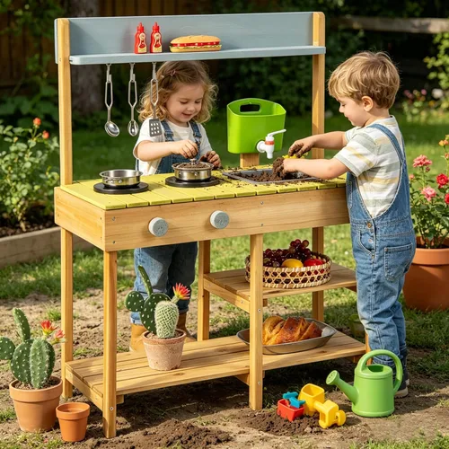 HONEY JOY Cocina de barro, cocina de madera de abeto para niños, mesa de barro, agua corriente, fregadero extraíble, juego de cocina para niños al
