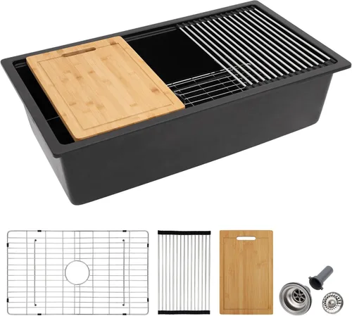 Miniatura 14 de Fregadero de preparación de barra de montaje inferior de 12 x 16 pulgadas, color negro mate, compuesto de cuarzo, clásico bajo encimera, lavabo