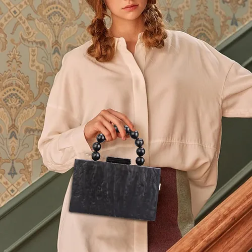 Miniatura 7 de Monederos acrílicos de noche, bolso de mano de mármol para mujer, bolso cruzado con cadena de perlas, formal, boda, fiesta de graduación