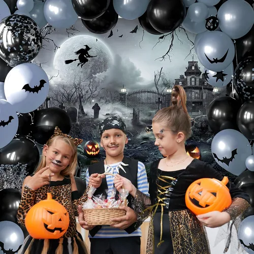 Miniatura 7 de Avezano Telón de fondo para fotografía de Halloween, luna llena, noche aterradora, castillo, calabazas, fondo de fiesta, espeluznante, bruja, Gris