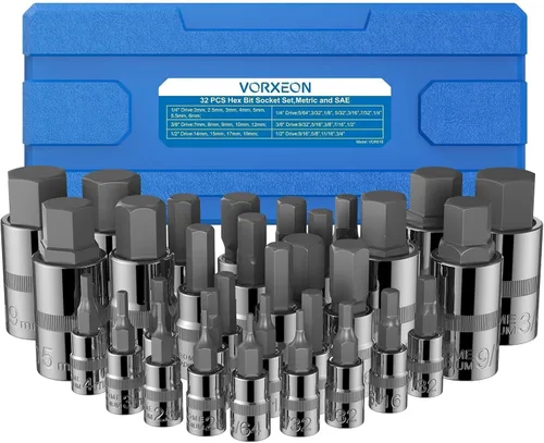 Juego de 32 llaves hexagonales SAE y métricas Allen de 0.079 a 0.794 pulgadas y 5/64 a 3/4 pulgadas, 50BV30 CR-V y broca de acero de aleación S2 con