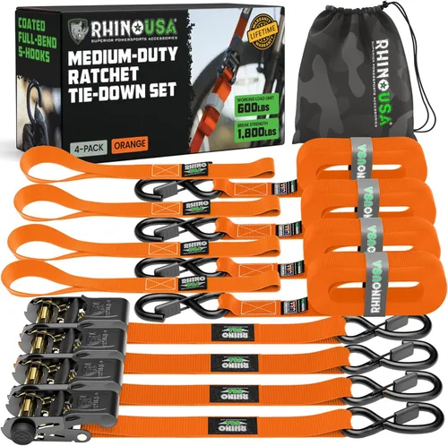 Miniatura 8 de Rhino USA - Correas de trinquete de amarre (4), 1 pulgada x 15 pies (resistencia 1823 libras), con ganchos en S de seguridad, alta calidad para Negro