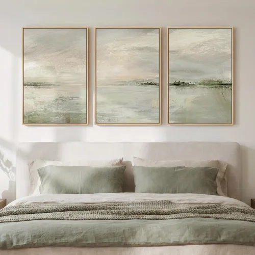 Framed Sage Green Abstract Landscape Wall Art for Bedroom, 3 Piece Modern Canvas Prints Paintings Artwork for Walls, Minimalist Nature Pictures for