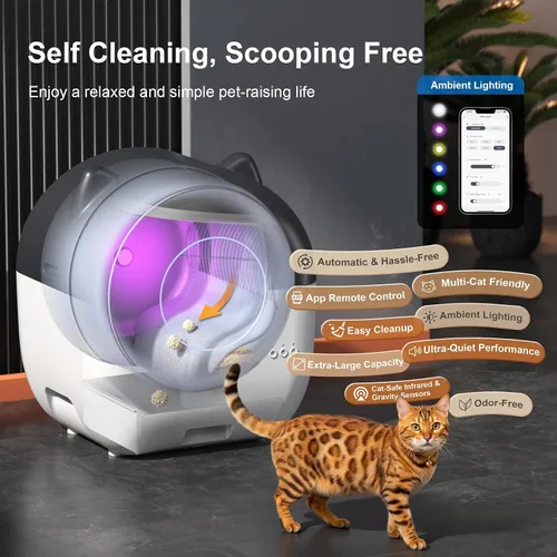 Miniatura 2 de Caja de arena autolimpiante, caja de arena automática para gatos de 76 litros con control de aplicación, bajo ruido, protección de seguridad, bolsas
