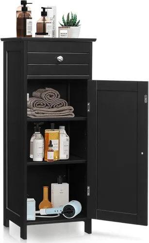 Miniatura 11 de GOFLAME Armario de almacenamiento de baño, armario de almacenamiento de madera independiente con cajón grande, 2 estantes flotantes con 7 Blanco