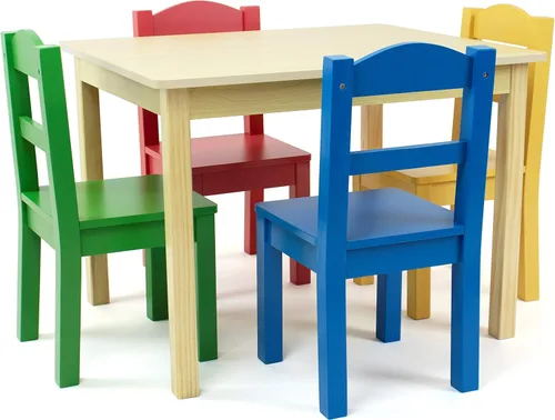 Humble Crew Juego de mesa y 4 sillas de madera para niños, natural/primario, juego de mesa y silla para niños pequeños para artes, manualidades y