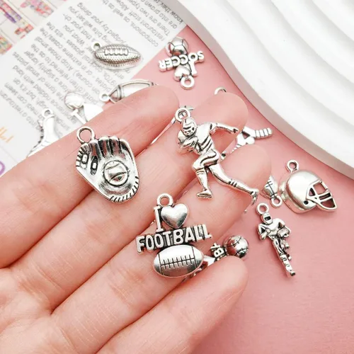 Miniatura 4 de 100 piezas de dijes deportivos de plata envejecida para hacer joyas, aleación de fútbol, béisbol, sóftbol, fútbol para manualidades de bricolaje