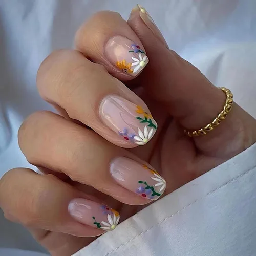 Miniatura 14 de Uñas postizas ovaladas a presión con puntas francesas, juego de uñas postizas cortas de flores artificiales, uñas postizas acrílicas con diseños