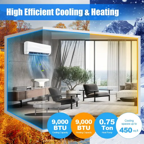Miniatura 3 de PETSITE 9000 BTU Mini Split Aire acondicionado pre-cargado Inverter Sistema de bomba de calor, 17 SEER2 208V-230V montado en la pared, unidad de CA