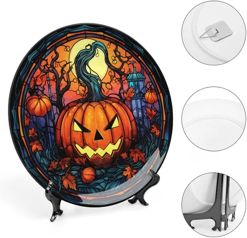 Miniatura 4 de Platos decorativos de Halloween, calabaza en el bosque, 31 de octubre por la noche, vitral, plato de cena de cerámica con soporte de exhibición