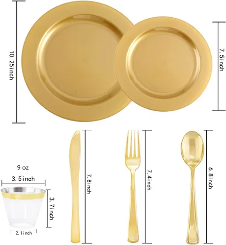 Miniatura 6 de DaYammi - 180 piezas de platos de plástico dorados, cubiertos de plástico desechables dorados, incluyen: 30 platos de comida, 30 platos de postre