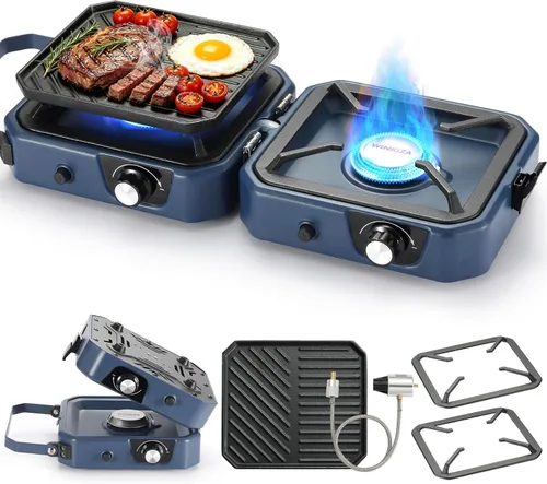 Miniatura 7 de Estufa de camping de propano inoxidable 304 de 2 quemadores con plancha, estufas portátiles de propano con 24000BTU, compatible con sartén
