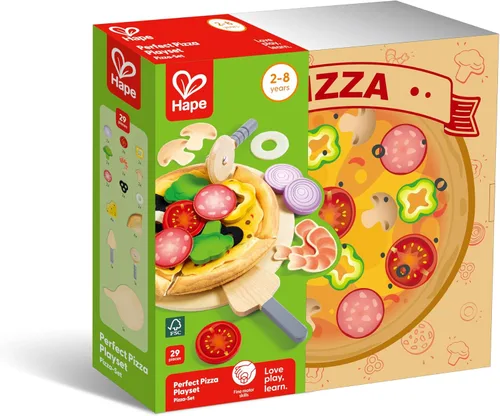 Miniatura 4 de Hape Juego de madera de pizza perfecto para cocina de niños, horno de pizza 2 en 1 y caja de entrega, 29 piezas de juego de simulación para niños