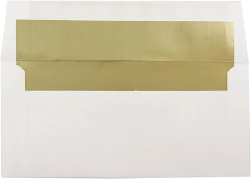 JAM PAPER Sobres de invitación forrados de papel de aluminio de 3 7/8 x 8 1/8, color blanco con lámina dorada, paquete de 50 unidades Papel dorado