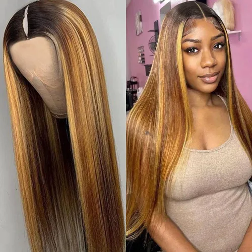 Miniatura 12 de Pelucas Ombre con Reflejos Parte en V Cabello Humano Liso Pelucas de Cabello Humano Brasileño Pelucas Parte en U Mejoradas Densidad 180% Media