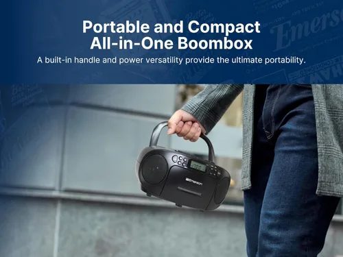 Miniatura 7 de Emerson Reproductor de CD portátil Boombox con reproductor de cassette combo, grabadora de cinta, radio AM/FM, AUX, conector para auriculares
