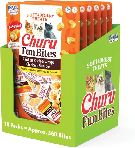 INABA Churu Fun Bites para gatos, golosinas suaves y masticables para gatos con taurina, 0.42 onzas cada tetra, 18 tetras (3 por bolsa), receta de
