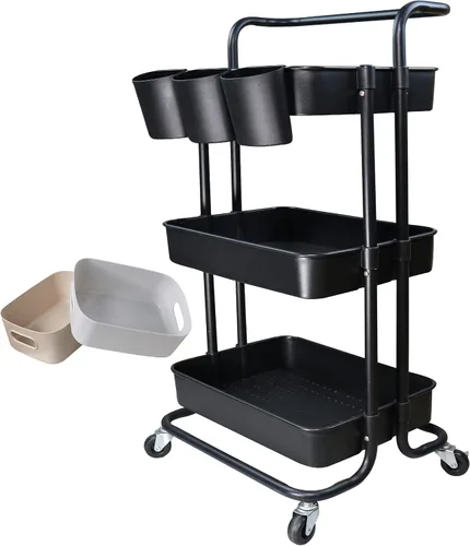 Estante organizador de almacenamiento de 3 niveles con 3 tazas colgantes, 8 ganchos, 2 cajas de almacenamiento para el hogar, oficina, cocina, baño