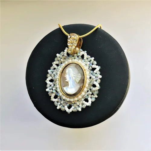 Genuine Mother of Pearl Cameo Pendant Bridal Necklace Wedding Statement Beadwoven Jewelry Gold Filled Chain