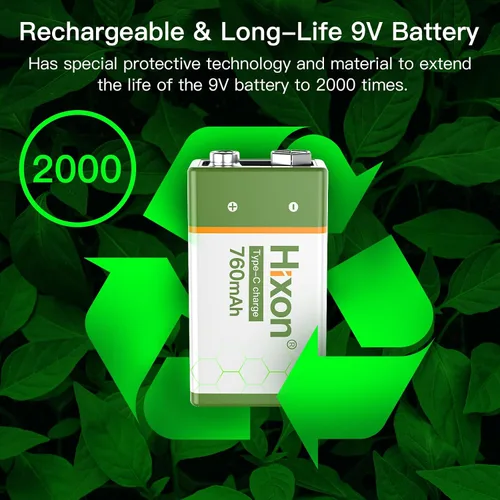 Miniatura 5 de Hixon Baterías de litio recargables USB de 9 V, baterías de iones de litio de larga duración de 760 mAh de 9 voltios con cable de carga tipo C