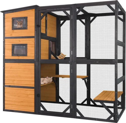Casa grande para gatos Catio Kitty House con 4 niveles para gatos al aire libre, techo impermeable, recintos para gatos, 77 pulgadas (marrón)