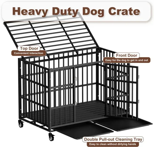 Miniatura 4 de Snuowu Jaula para perros de alta resistencia de 42 pulgadas con ruedas, jaula indestructible a prueba de escapes para perros grandes, extragrande
