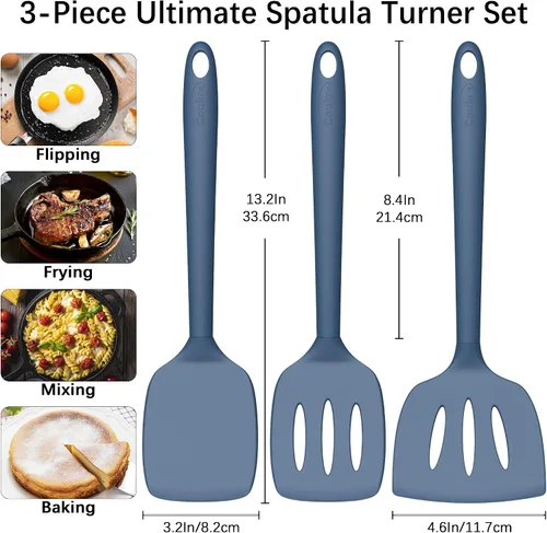 Miniatura 2 de Coukre Juego de 3 espátulas de silicona, resistentes a altas temperaturas, sin BPA, espátula para pescado, volteador sólido y con ranuras