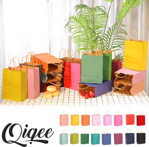 Miniatura 7 de qiqee Bolsas grandes de papel kraft con asas de 13 x 10 x 5 pulgadas, 32 bolsas de papel de regalo, bolsas de color sólido rosa brillante