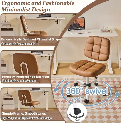 Miniatura 7 de VINGLI Silla de escritorio pequeña compacta, bonita silla sin brazos con ruedas, silla de tocador con respaldo bajo, silla de trabajo de altura Café