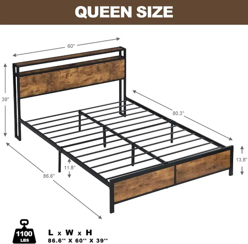 Miniatura 2 de Base de cama industrial Queen con luces LED y 2 puertos USB, marco de cama tamaño Queen con almacenamiento de 2 niveles y patas de apoyo fuertes