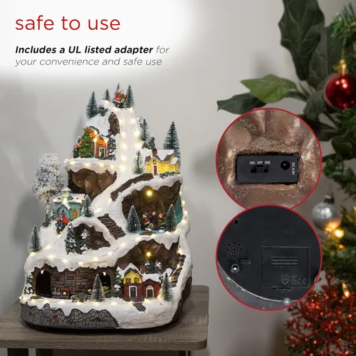 Miniatura 7 de Alpine Corporation Juego animado de invierno de 18 pulgadas de alto con 75 luces LED, música, tren móvil, decoración navideña de mesa Pueblo