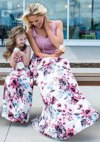 Miniatura 2 de YMING Vestidos a juego para mamá e hija, sin mangas, vestido estampado floral