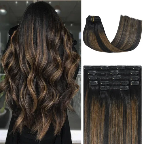 Miniatura 42 de Honsoo Extensiones de cabello humano real de color marrón con pinzas, marrón castaño, 15 pulgadas, 70 g, 7 unidades, cabello lacio sedoso y marrón