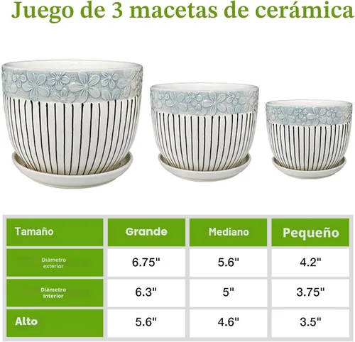 Miniatura 2 de Hlukana Juego de 3 macetas de cerámica de 6.75/5.6/4.2 pulgadas con agujeros de drenaje y platillo, maceta para exteriores e interiores, macetas