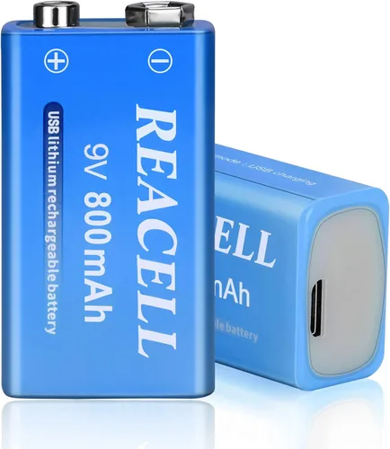 Paquete de 2 baterías de litio recargables de 9 V, baterías de 9 voltios para detector de humo, carga USB de 800 mAh 9 V para micrófonos,