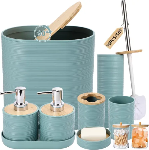 Miniatura 11 de XLHOMO Juego de 10 accesorios de baño color negro, juego de accesorios de baño de lujo con basura, cepillo de inodoro y 2 dispensadores de jabón