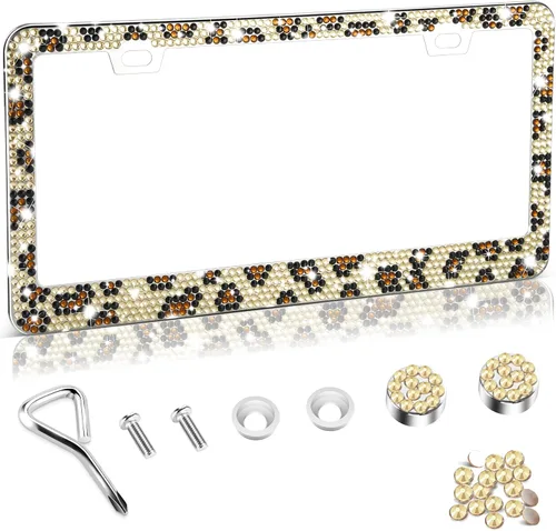 Miniatura 23 de Amiss Marco de matrícula brillante para mujer, 1 paquete de diamantes de imitación hecho a mano de cristal de acero inoxidable de alta calidad, Negro