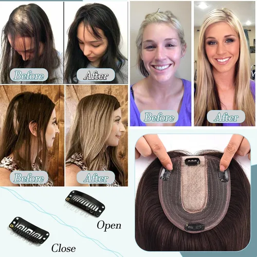 Miniatura 4 de Toppers de cabello humano real para mujeres con cabello delgado, 6 pulgadas, marrón oscuro