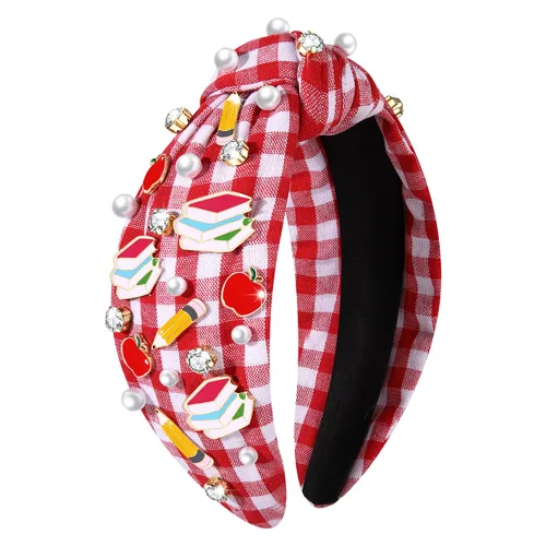 Miniatura 6 de boderier Diadema para profesores, libro de lápiz, diadema a cuadros, diadema de cristal con perlas anudadas para el regreso a la escuela, regalos