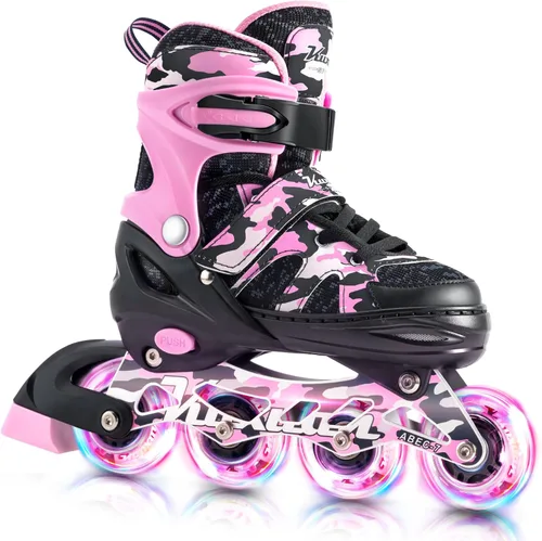 Kuxuan Patines en línea ajustables para niños con ruedas iluminadas, divertidos patines iluminadores para niños, niñas y jóvenes Rosa