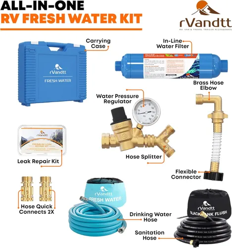 Miniatura 2 de Kit de Agua Dulce para RV con Manguera de Agua Potable y Sanitaria - Regulador de Presión de Agua para RV, Filtro, Conectores de Manguera, Kit