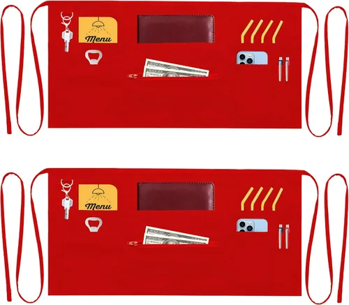 Miniatura 7 de Delantales de camarero con 7 bolsillos con bolsillo con cremallera (paquete de 2) - Delantales para mujeres y hombres - Medio delantal de cintura