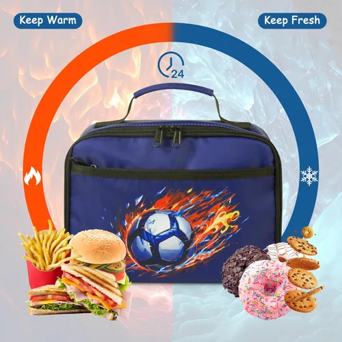 Miniatura 4 de Lonchera para niños y niñas, con aislamiento, reutilizable, hielera para niños pequeños, escuela, guardería, picnic (pelota de fútbol, azul marino)