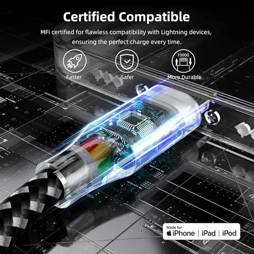 Miniatura 2 de Cable de carga para iPhone de carga rápida, paquete de 3 unidades de 10 pies, cable Lightning certificado MFi de Apple, cable de carga para iPhone