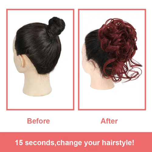 Miniatura 4 de KETHBE - Pieza de pelo con moño desordenado, extensiones de pelo rizado con banda elástica, horquillas para moño ondulado para mujeres (Rojo)