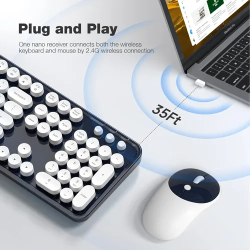 Miniatura 38 de KNOWSQT Combo de teclado y ratón inalámbrico, teclados lindos de tamaño completo estilo máquina de escribir 2.4G azul colorido - receptor USB Plug