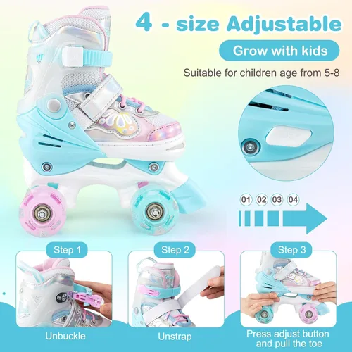 Miniatura 6 de BABY JOY Patines de ruedas de mariposa, 4 tamaños ajustables para niñas, adolescentes y adultos de 5 a 8 a 13 años o más, con ruedas iluminadas