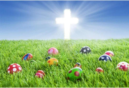 Telón de fondo de Pascua de 5 x 3 pies para fotografía de Pascua, fondo de huevos pintados de Pascua, cruz de luz sagrada, pastizales de primavera,