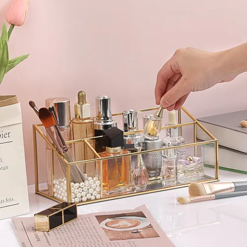 Miniatura 9 de Hipiwe Organizador de maquillaje para encimera, vitrina de cosméticos de vidrio dorado, soporte de almacenamiento de tocador de 3 ranuras