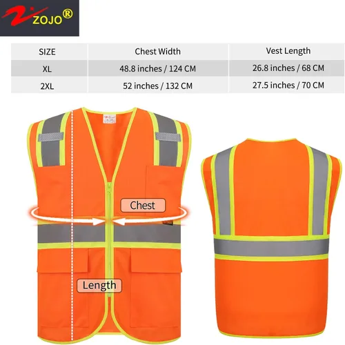 Miniatura 3 de zojo Chalecos de seguridad de alta visibilidad con cremallera y bolsillos, 5 paquetes, chaleco reflectante al por mayor para trabajos al aire libre